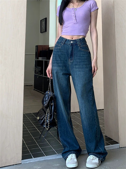 Kumikumi retro dark blue jeans for women spring high waist slim straight loose wide leg pants mopping trousers