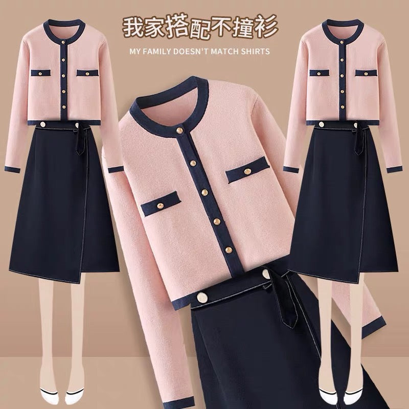 Pink casual knitted cardigan small coat for women 2023 spring and autumn temperament high waist slim A-line skirt two-piece set (S0342)