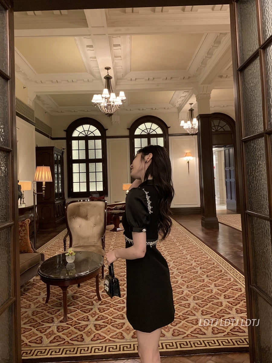 LDTJ Haute Couture 23 Autumn and Winter Miu miu shirt short-sleeved diamond heavy industry French temperament commuter light luxury dress for women