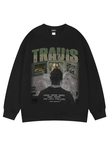 American heavy black pullover sweatshirt for men in spring and autumn trendy brand hoodless round neck European and American hiphop couple thick coat