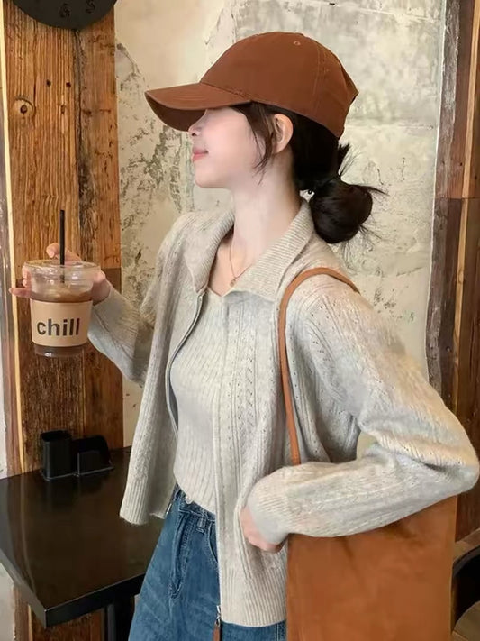 Women’s "-style" knit set – 2026 new spring/autumn collection, featuring a two-piece ensemble with a sweater jacket and a camisole.