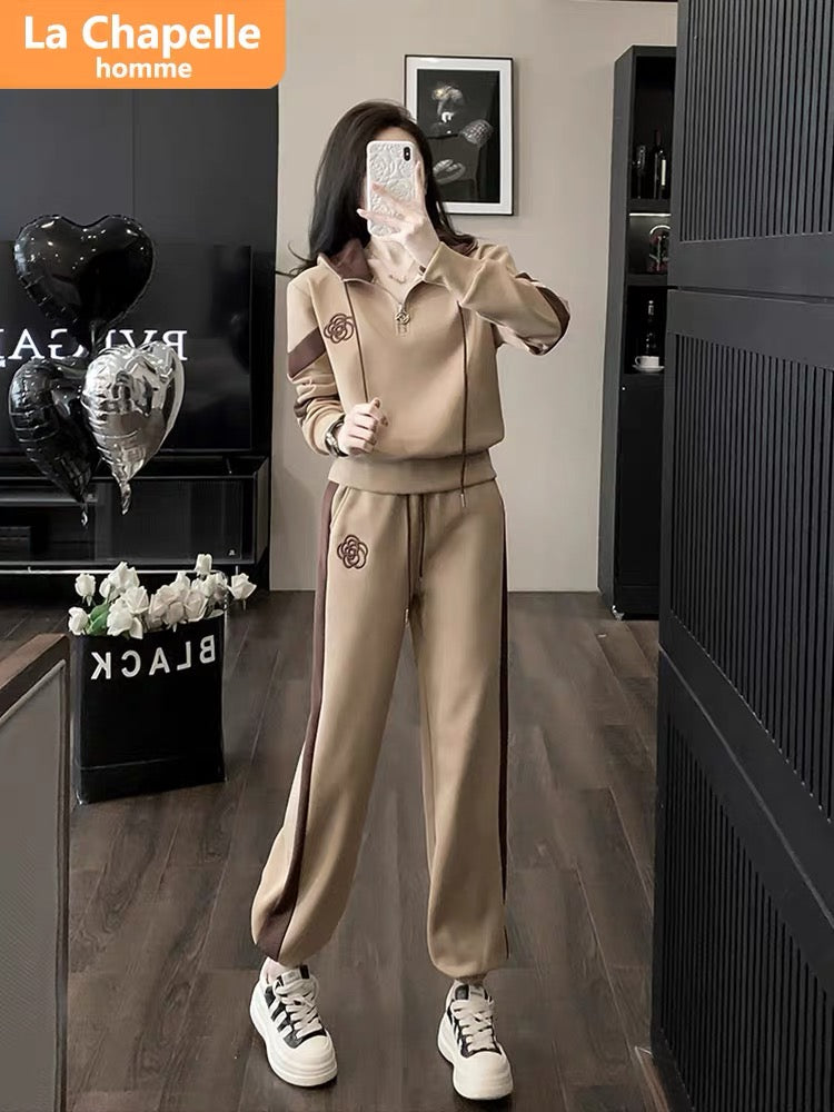La Chapelle casual sports suit women's autumn and winter 2023 new rope hooded plus velvet sweatshirt and leggings pants two-piece set