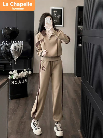 La Chapelle casual sports suit women's autumn and winter 2023 new rope hooded plus velvet sweatshirt and leggings pants two-piece set
