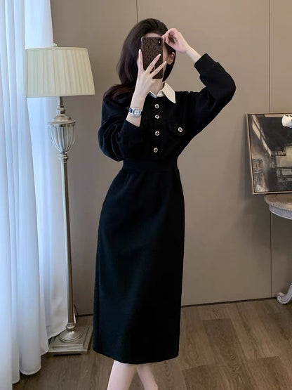 French style dress for women 2023 autumn and winter new black waist slimming POLO collar high-end sweatshirt skirt