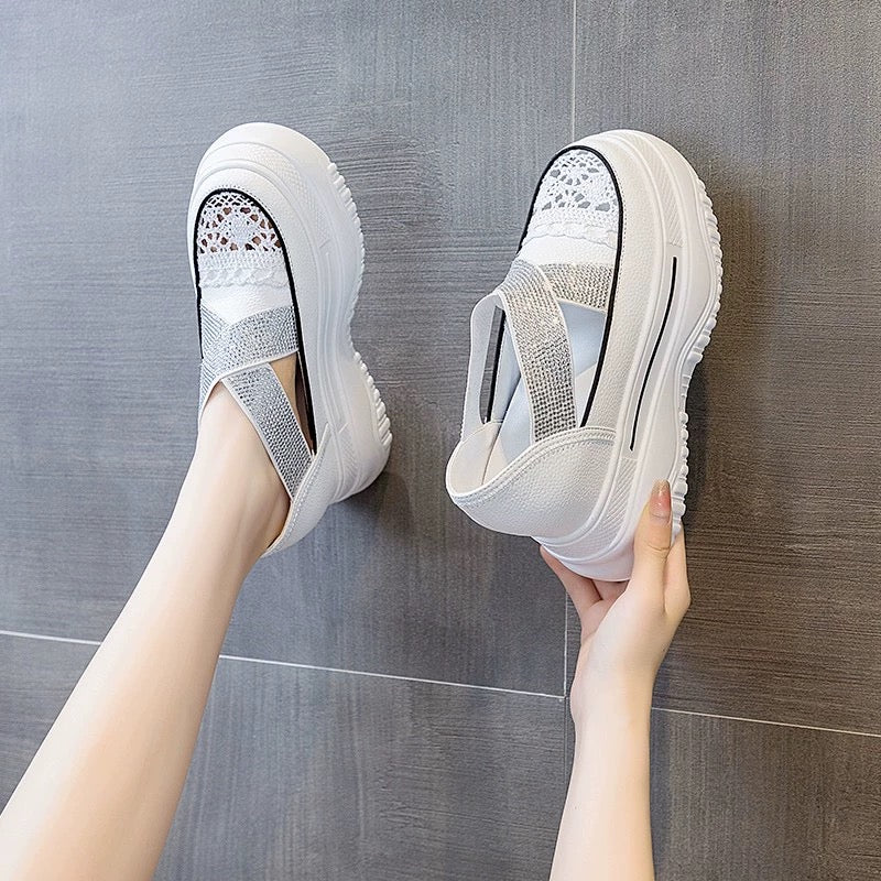 Thick-soled inner height-increasing women's shoes 2024 new hot summer muffin Mary Jane shoes hollow one-step fisherman white shoes