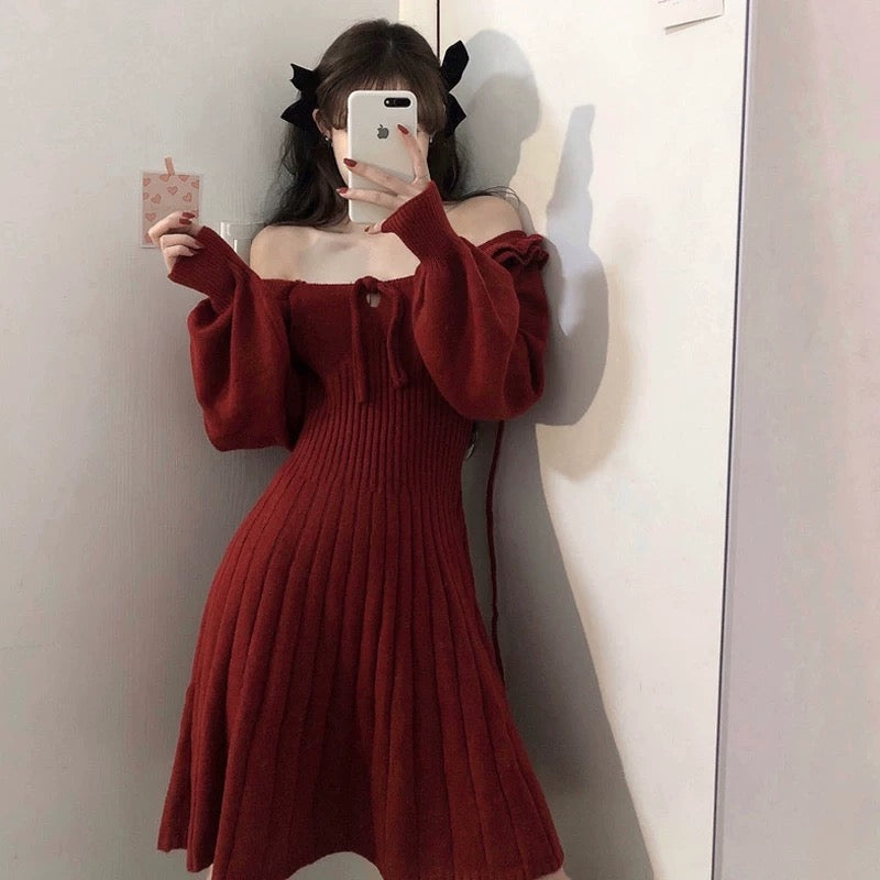 2023 new autumn and winter Christmas red knitted dress for women retro square neck waist mid-length waist skirt