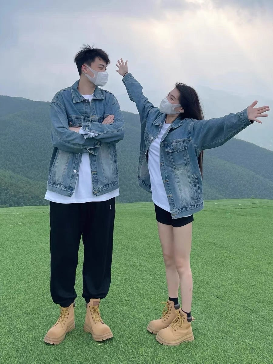 Korean version of retro denim jacket men's autumn trendy brand loose lapel American style high street couple jacket casual tops