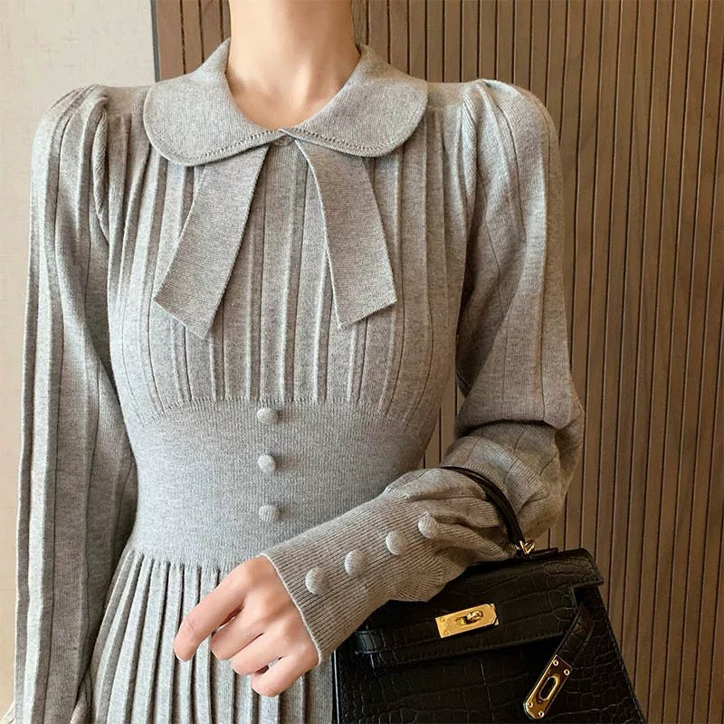 Winter French style gray knitted skirt bottoming dress with coat women's doll collar autumn and winter long skirt