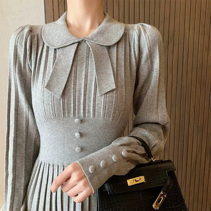 Winter French style gray knitted skirt bottoming dress with coat women's doll collar autumn and winter long skirt