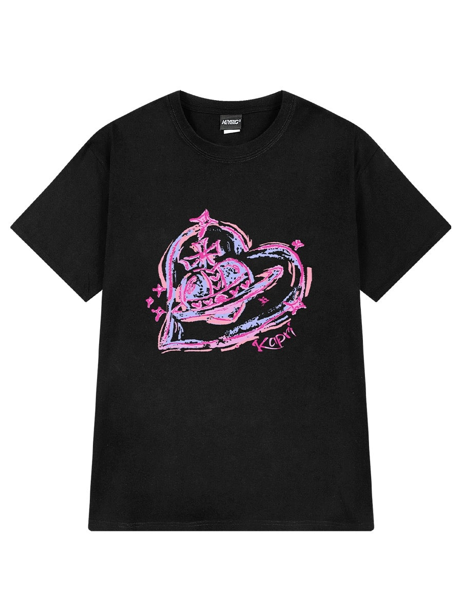 oversize love printed short-sleeved T-shirt for men and women, autumn trendy pure cotton student T-shirt, couple top