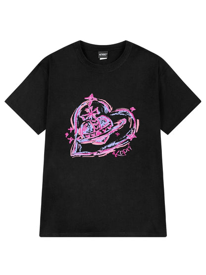 oversize love printed short-sleeved T-shirt for men and women, autumn trendy pure cotton student T-shirt, couple top