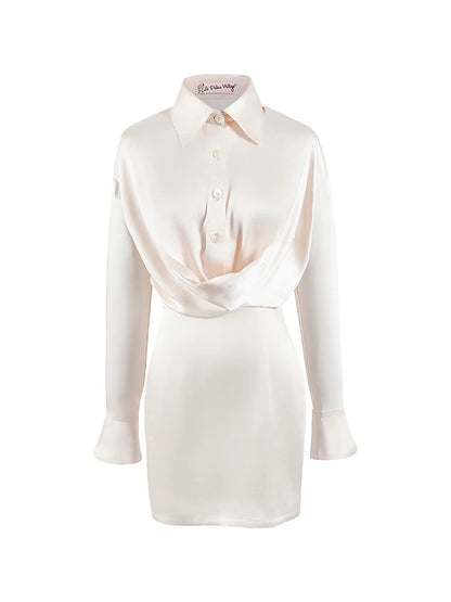 le palais vintage original French retro pearl white simulated silk satin drape shirt dress