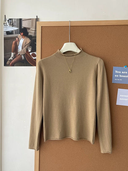 Retro soft and sticky cashmere rolled-edge turtleneck knit sweater for women, autumn and winter, gentle and versatile layering base layer top.