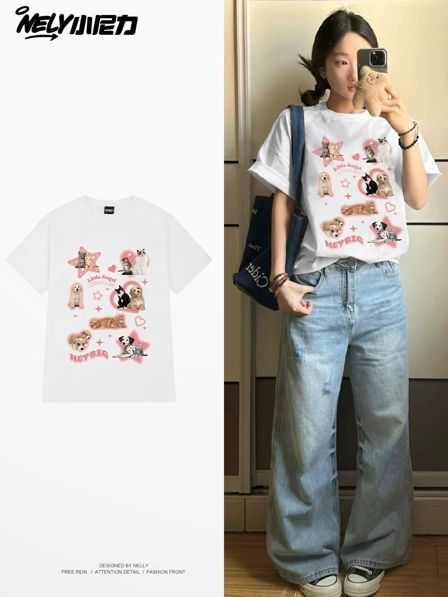 American cartoon cat print round neck short sleeve men and women summer 2025 couple pure cotton t-shirt half sleeve bottoming shirt trend