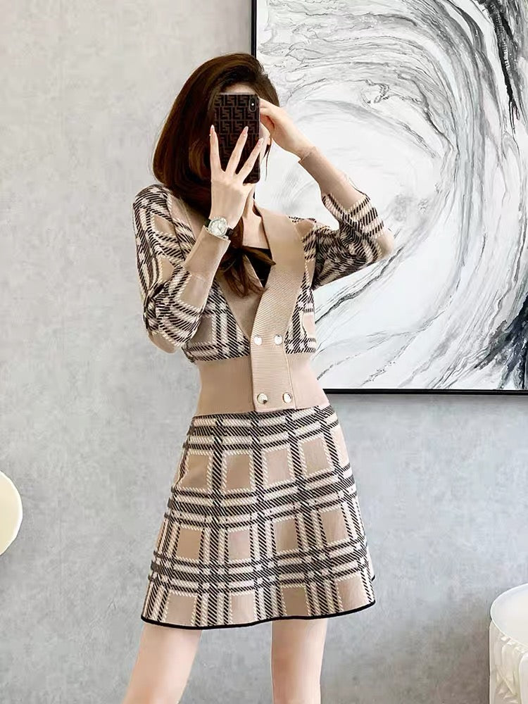 French style small fragrance suit for women 2023 autumn new fashion casual small man top knitted two-piece set (V6611)
