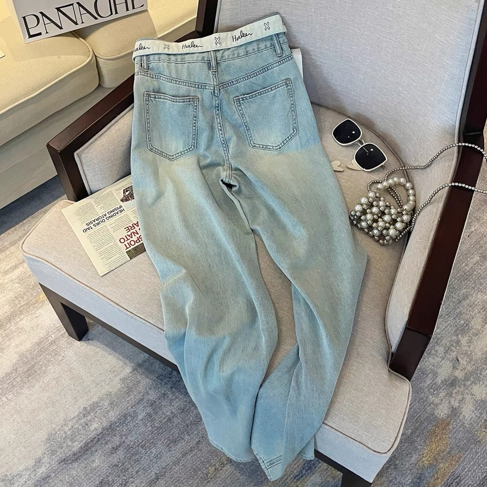 Designed Korean style cuffed jeans for women summer new high-waisted loose straight pants retro ins slim trousers