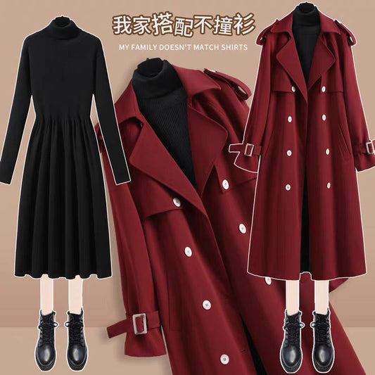 Christmas and New Year Red Windbreaker Coat for Women Spring and Autumn Thick Slim Knitted Bottoming Dress Casual Suit (S0347)