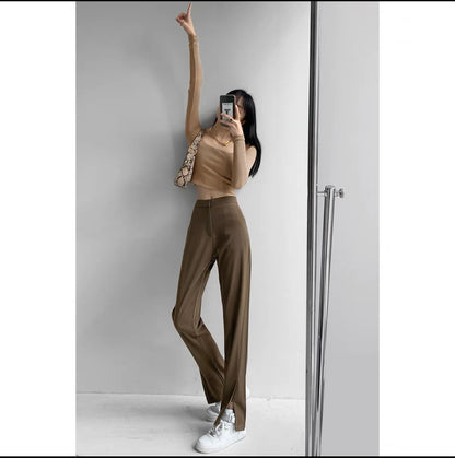 Nostalgic classic casual high-end pink suit pants for women summer thin straight pants loose slit floor-length trousers