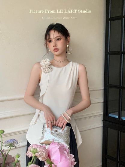 LELART summer new French temperament elegant little woman flower ribbon slim vest top slit small shirt