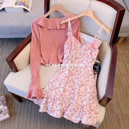 YLSZ Customized ~ Tipsy Macchiato ~ Fungus-edged knitted cardigan pink short long sleeves + floral suspender skirt (D118)