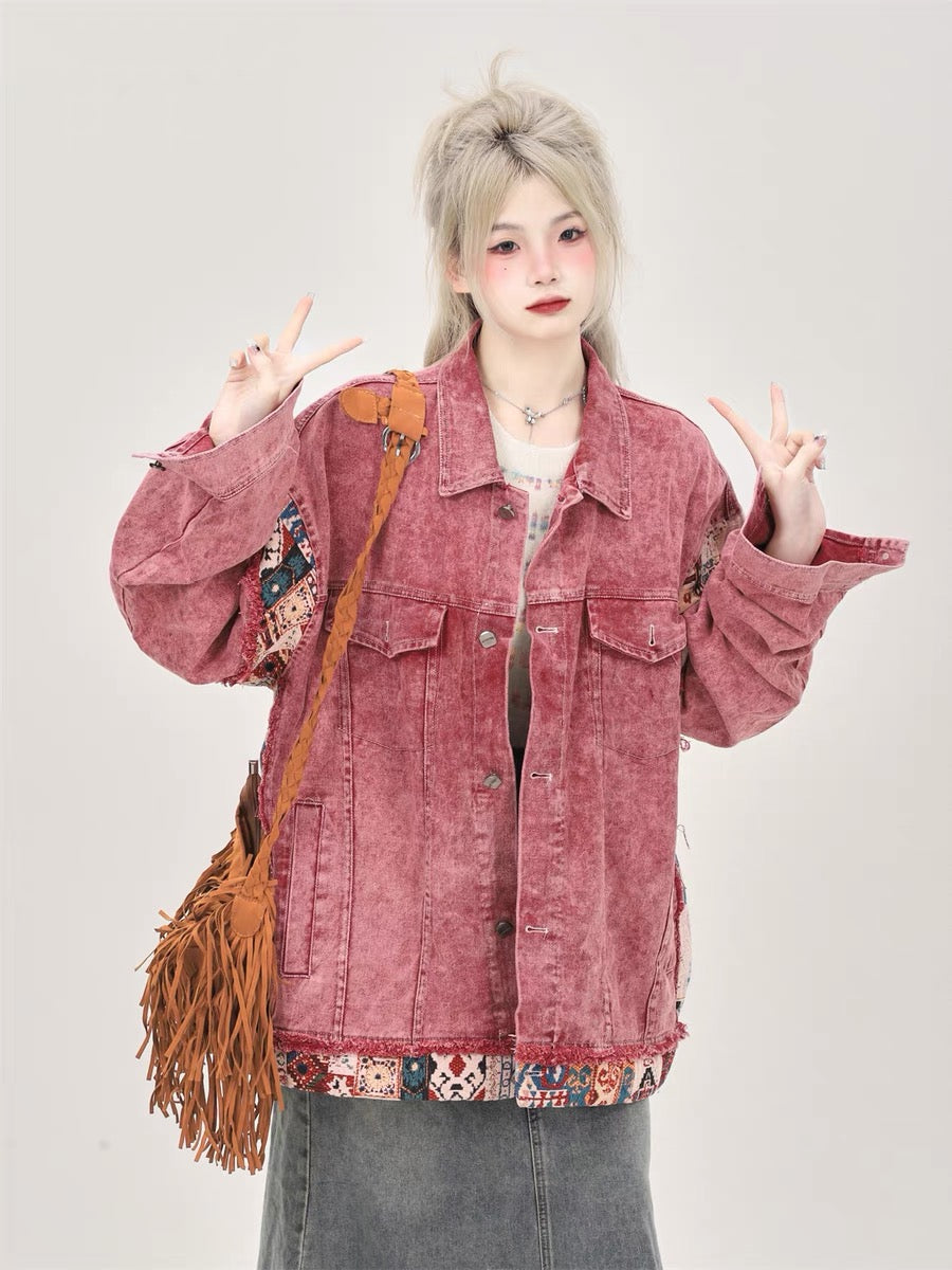 American retro dirty pink vintage denim jacket for women spring and autumn 2023 loose design niche jacket top A3355