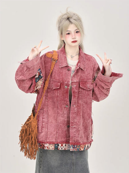 American retro dirty pink vintage denim jacket for women spring and autumn 2023 loose design niche jacket top A3355