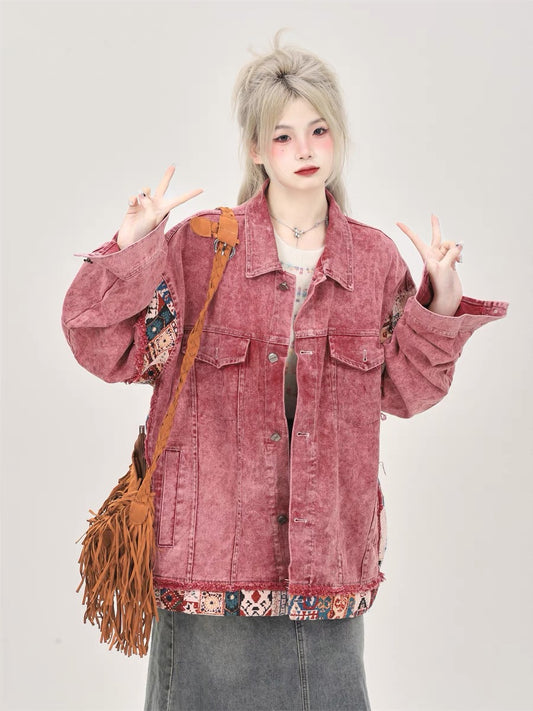 American retro dirty pink vintage denim jacket for women spring and autumn 2023 loose design niche jacket top A3355
