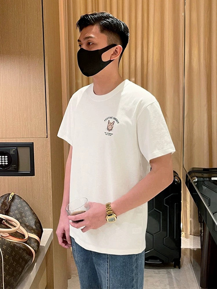 Summer clothes men's short-sleeved tops round neck T-shirt Fashion personality cat head print casual all-match cotton T-shirt men