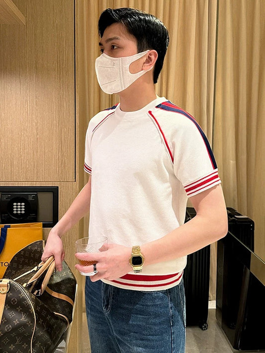 Yomobrother summer fashion t-shirt men's 2024 new casual personality contrast color knitted short-sleeved men