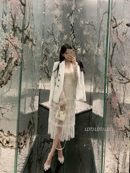 LDTJ Haute Couture 23 Autumn and Winter New Celebrity Banquet Date French Atmosphere Pure Desire Lace Bottoming Fairy Dress for Women