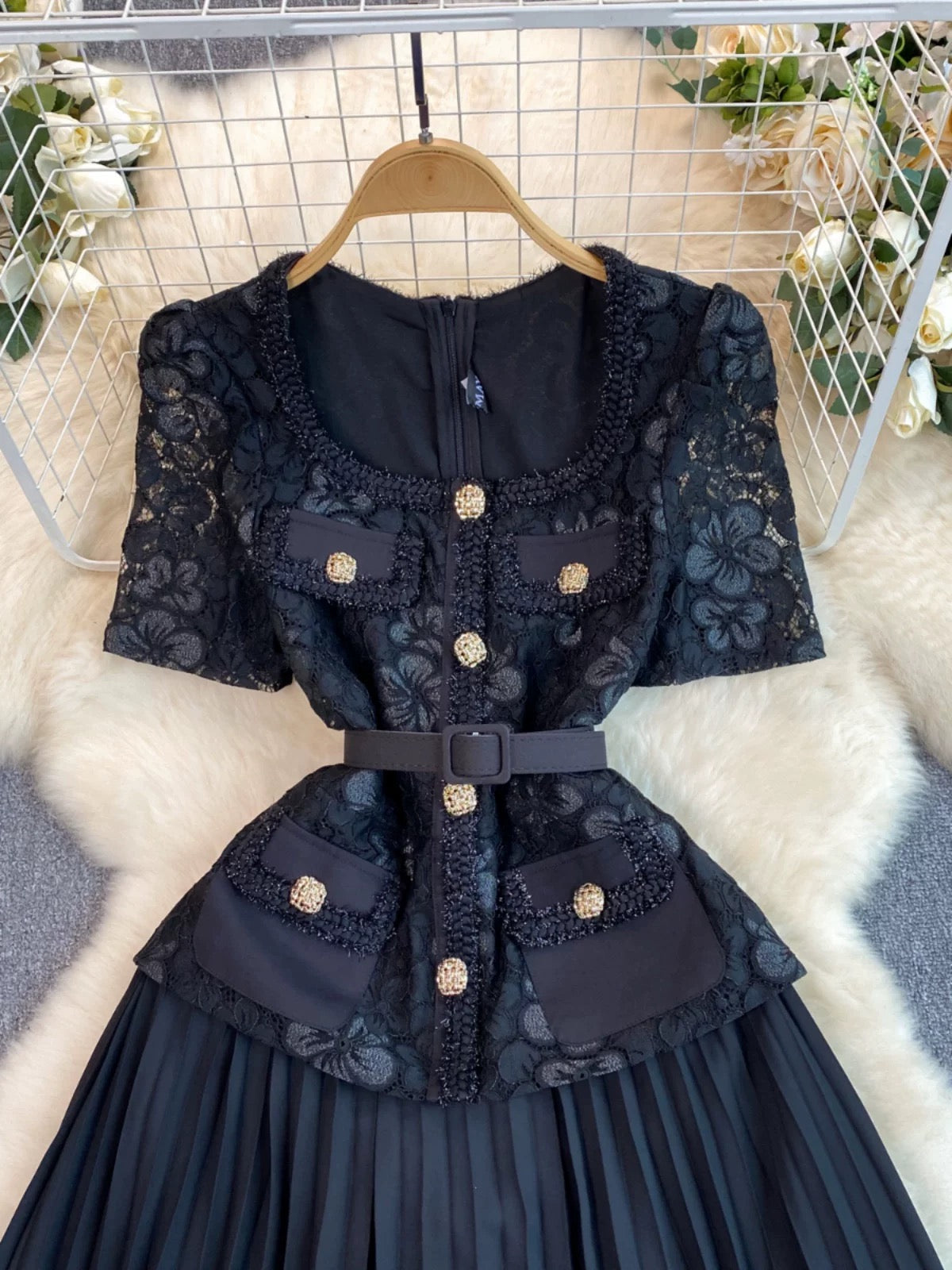 French Chanel style dress for women high-end exquisite temperament square collar lace splicing pleated long skirt celebrity dress