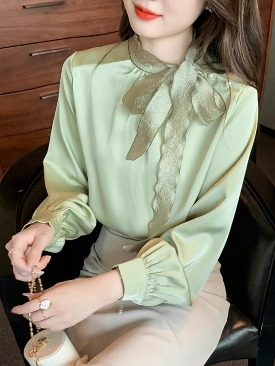 French stand-up collar bow tie shirt, feminine high-end shirt, versatile loose long-sleeved chiffon top for autumn (B2317)