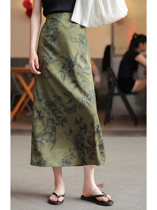 Find the new Chinese style skirt for women in summer with high waist, medium length, temperament, split skirt, drapey long skirt