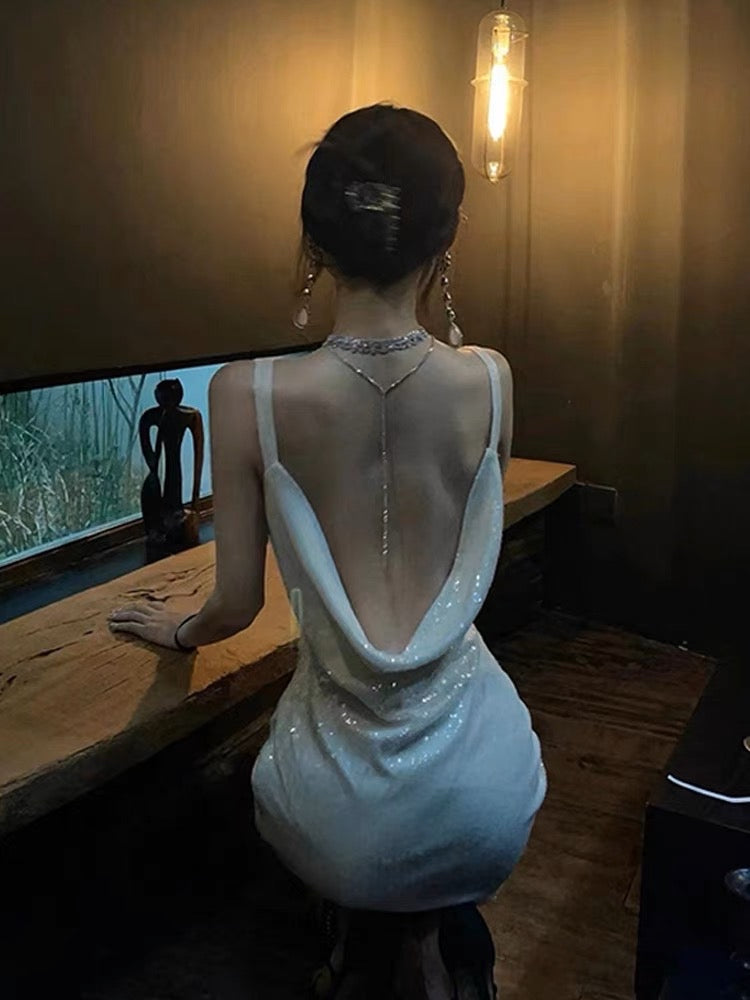 French birthday party dress skirt high-end light luxury niche celebrities sequins halter strap dress female summer