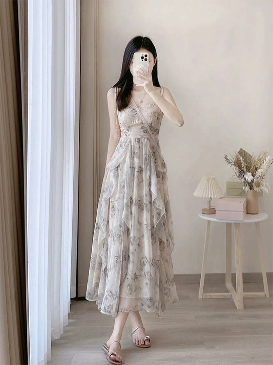 Skirt Women's Summer French Ink Floral Suspender Dress High-Quality Seaside Resort Style Beach Long Skirt