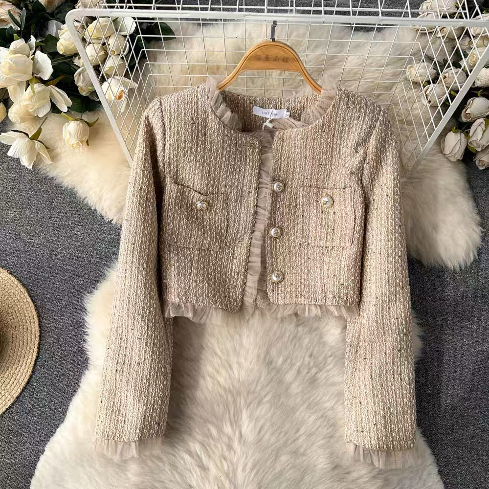 Autumn and winter Xiaoxiangfeng celebrity high-end suit women's short cardigan jacket + suspender mesh dress two-piece set (S0997)