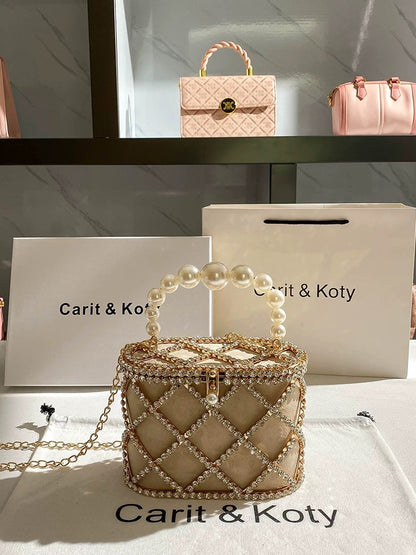 Carit Koty French niche bucket bag women's summer 2023 new pearl rhinestone chain bag portable box