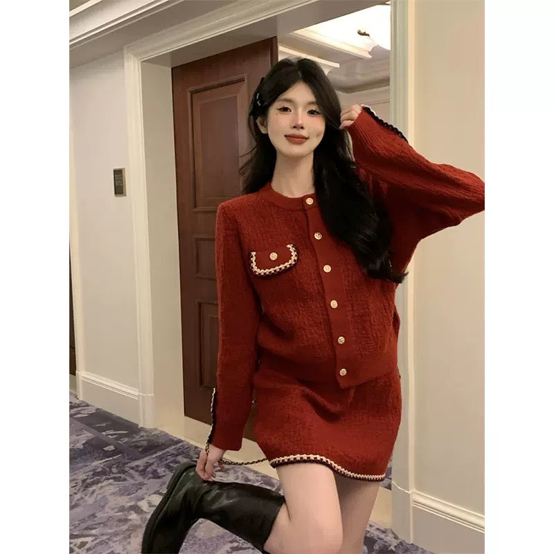 Fashionable little fragrance style Christmas red long-sleeved sweater jacket for women in autumn and winter high-waisted slimming temperament hip-hugging short skirt two-piece set T9495