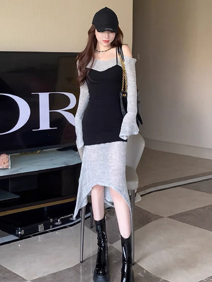 2023 early autumn new long-sleeved French knitted one-neck dress women's early autumn hot girl sexy hip skirt