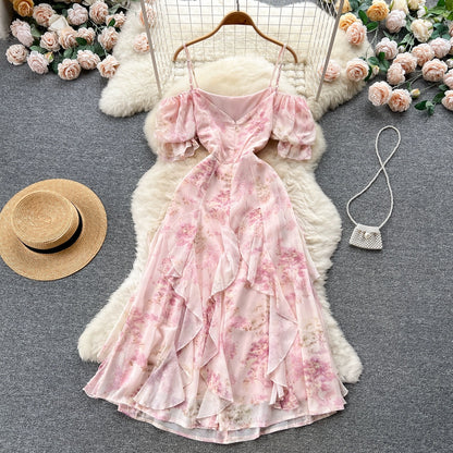 2023 Summer New Sweet Floral Dress Women's French Tea Break Off-Shoulder Straps Irregular Fairy Long Skirt