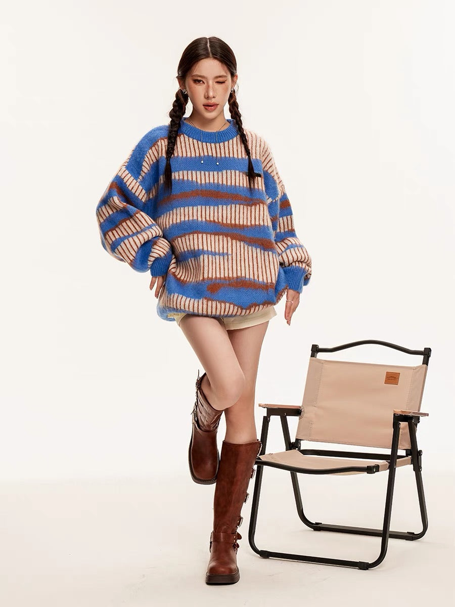 Sanowers American retro striped color-blocked mohair sweater for women in autumn and winter loose lazy style couple's knitted sweater (S0557)