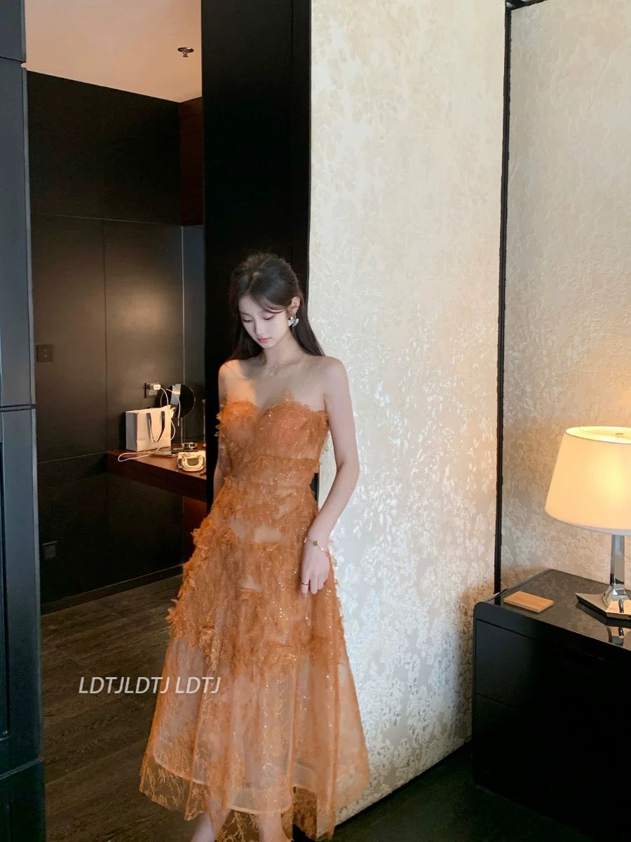 LDTJ Haute Couture 23 Autumn and Winter New Heavy Industry Crochet Lace See-through Mesh Dress Slim Beading Tube Top Dress for Women