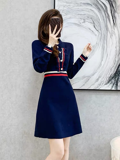 Autumn and winter 2023 new style small fragrance Polo collar knitted dress high-end temperament waist slimming bottoming sweater dress D8891