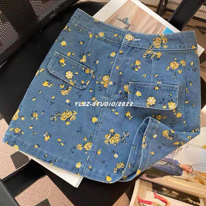 YLSZ Customized~2023 New Little Fragrance Sweet Two-piece Set Western Style French Floral Denim Short Top Set (S113)