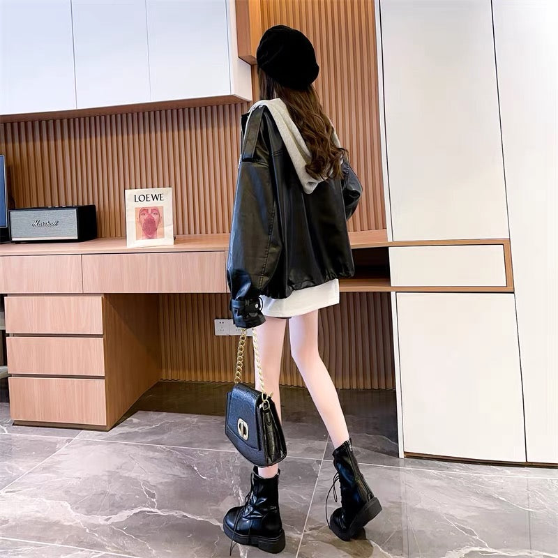 Lazy style stitching hooded fake two-piece coat for women 2023 Korean style autumn and autumn design loose leather jacket top (S0510)