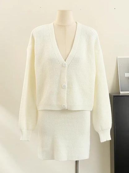 Knitted suit for women 2023 autumn and winter new V-neck single-breasted sweater cardigan coat high-waisted skirt two-piece set