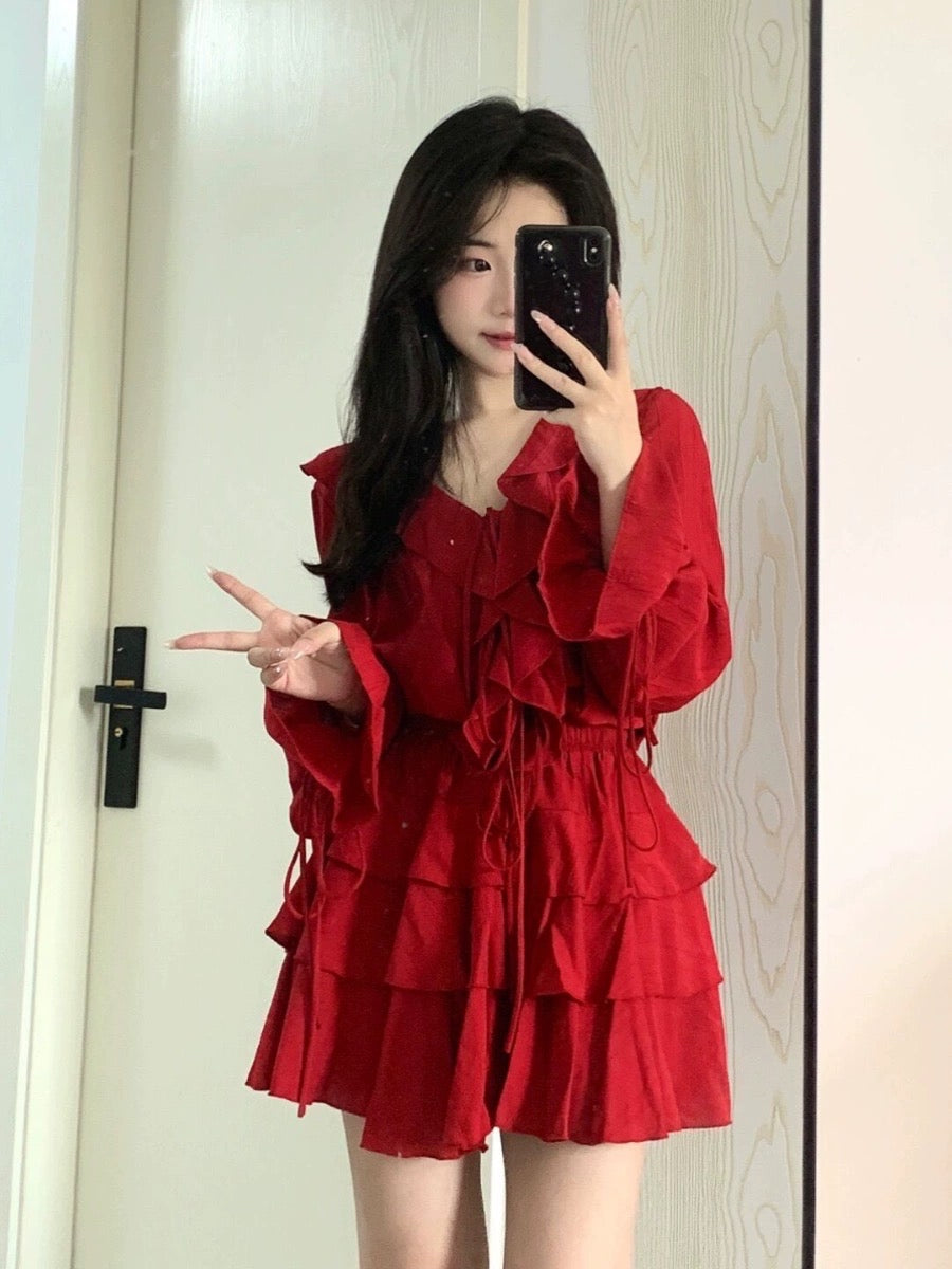 Early autumn foreign style age-reducing high-end sense red suit ruffled shirt top skirt two-piece dress female