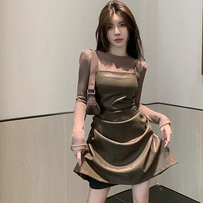 Long-sleeved top, slim tube top suspender dress, 2023 European hot-selling suit, early autumn new two-piece set for women A2251
