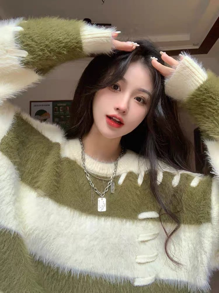 Lazy design plush knitted sweater top 2023 autumn and winter women's pullover thickened mink velvet striped sweater