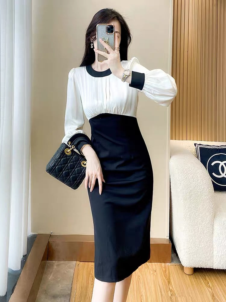 Long-sleeved dress for women in autumn 2023 new royal sister style fashionable temperament black and white contrasting color waist slimming hip skirt